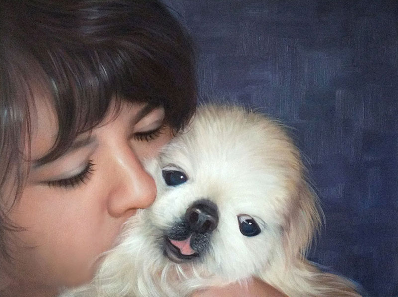 Handmade oil painting of child kissing little puppy