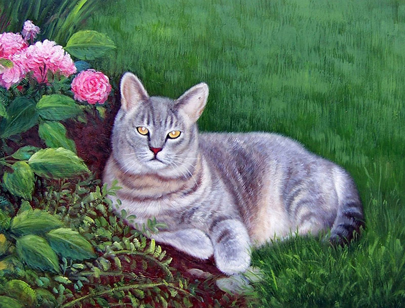 custom pet painting of cat laying in backyard