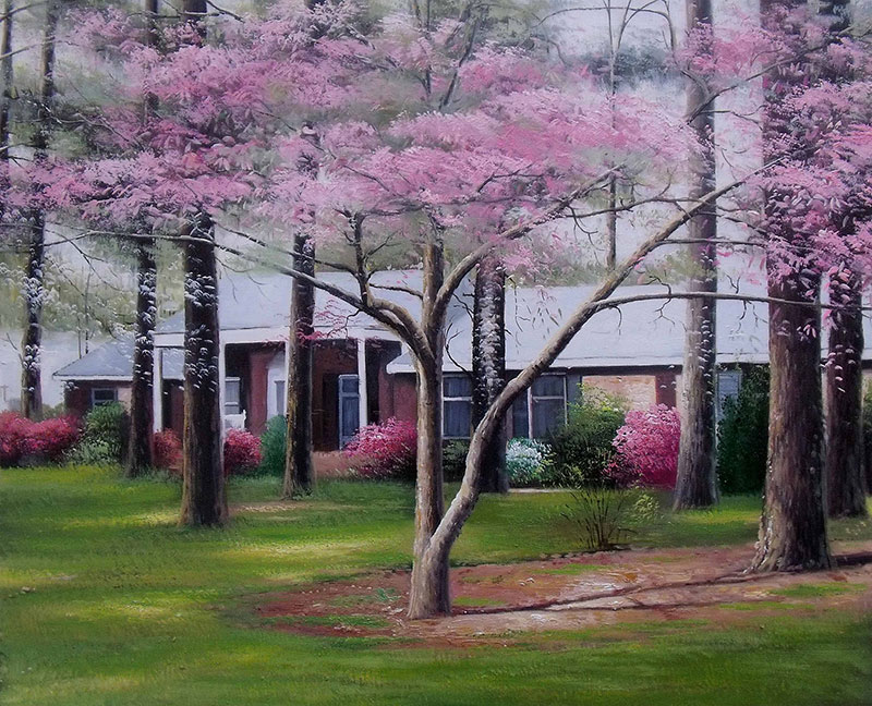 Custom oil handmade painting white house near sakura tree