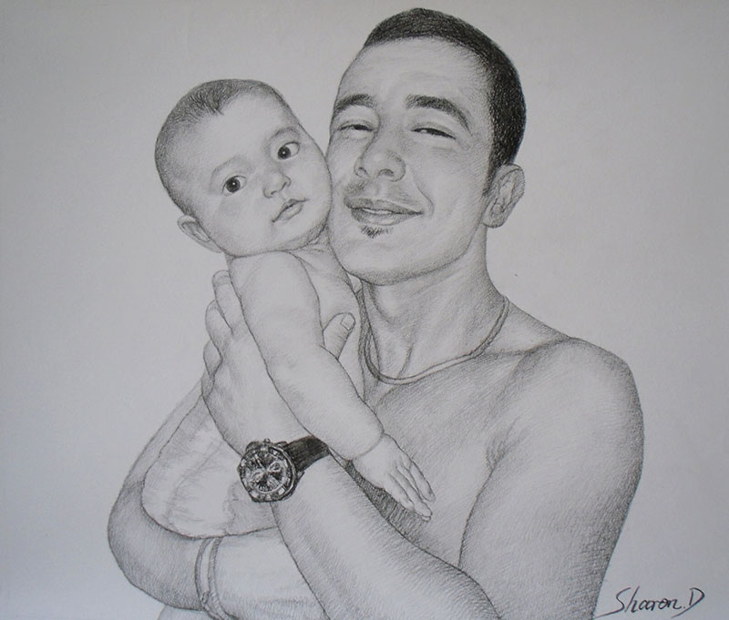 padre e bambino come disegno a carboncino