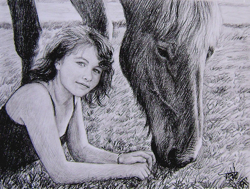 dessin au fusain du cheval et du propriétaire