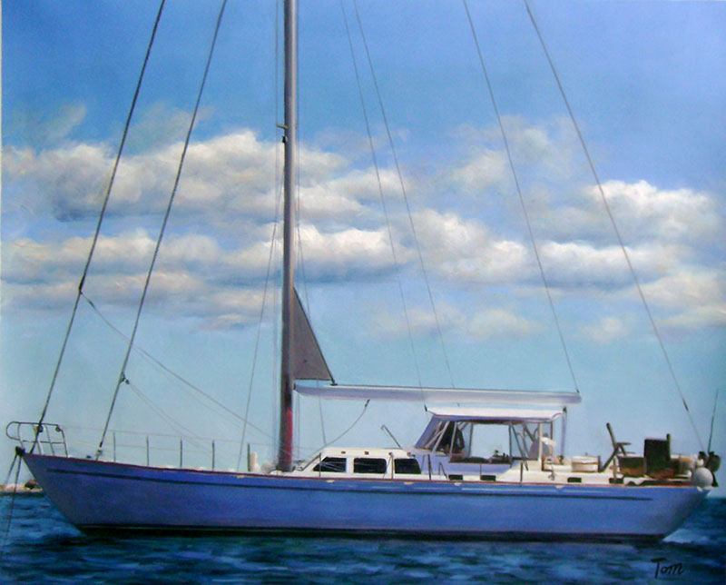 Painting of a blue sailboat on a sunny day with puffy clouds.