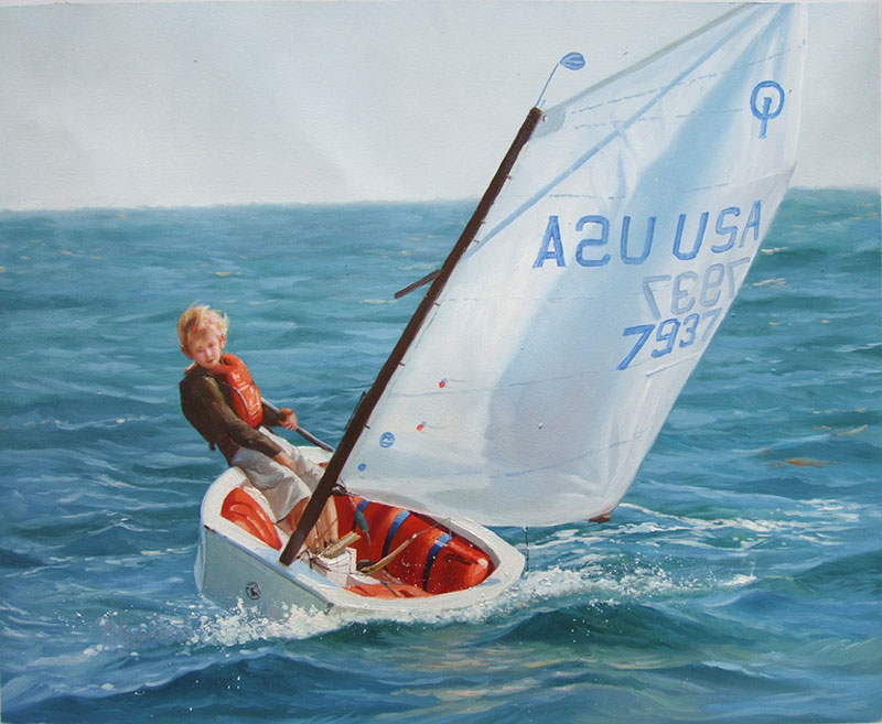 Painting of a young boy sailing a small sailboat on the ocean.
