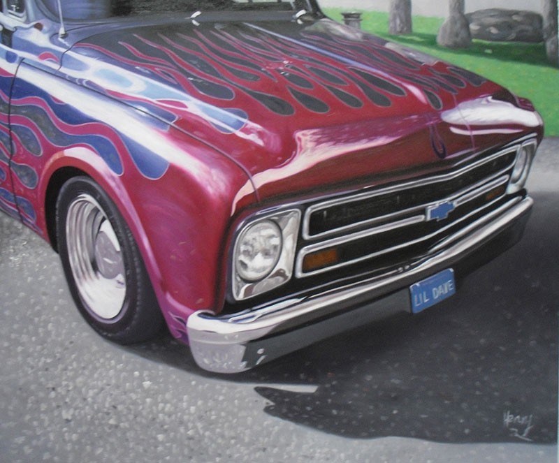 Custom oil handmade painting of an old car with flame hood