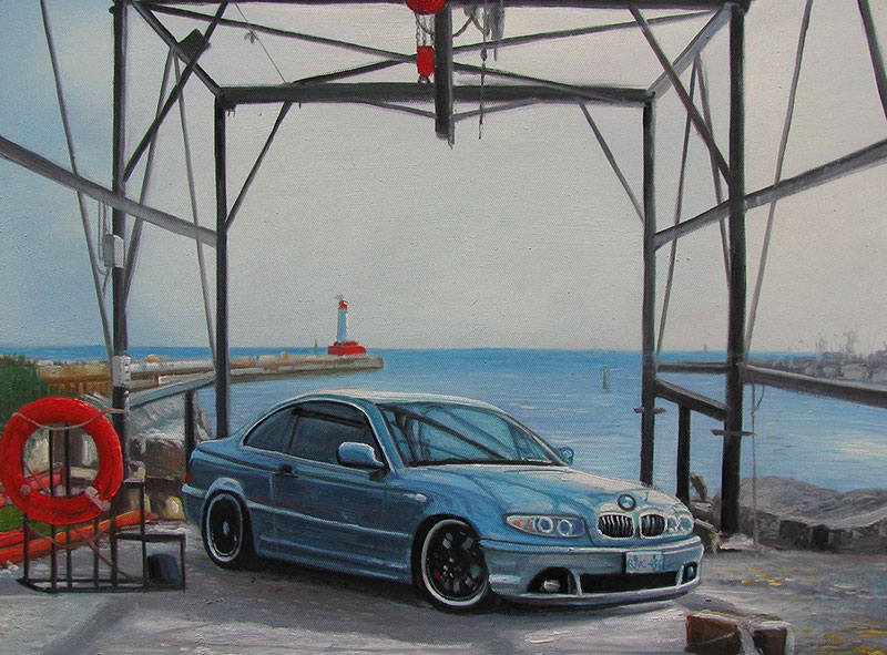 Custom oil handmade painting of a blue car by the sea
