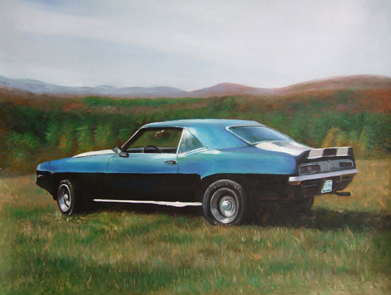 Custom oil handmade painting of a blue car