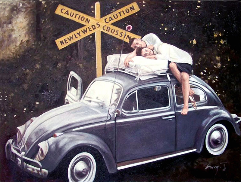 Custom oil handmade painting of an blue beetle car