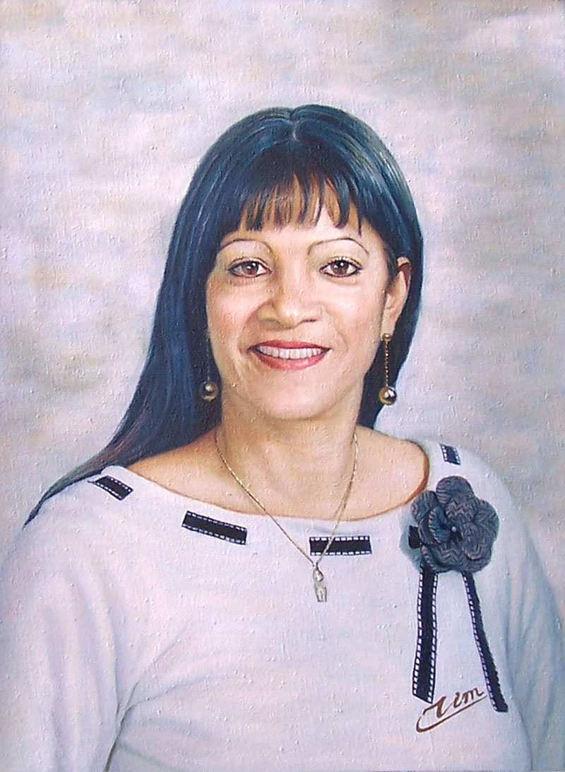 a custom oil painting of a woman with rose ornament