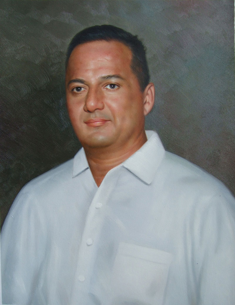 a custom oil painting of a man in white shirt
