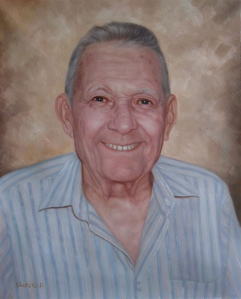 a custom oil portrait of an elderly man smiling