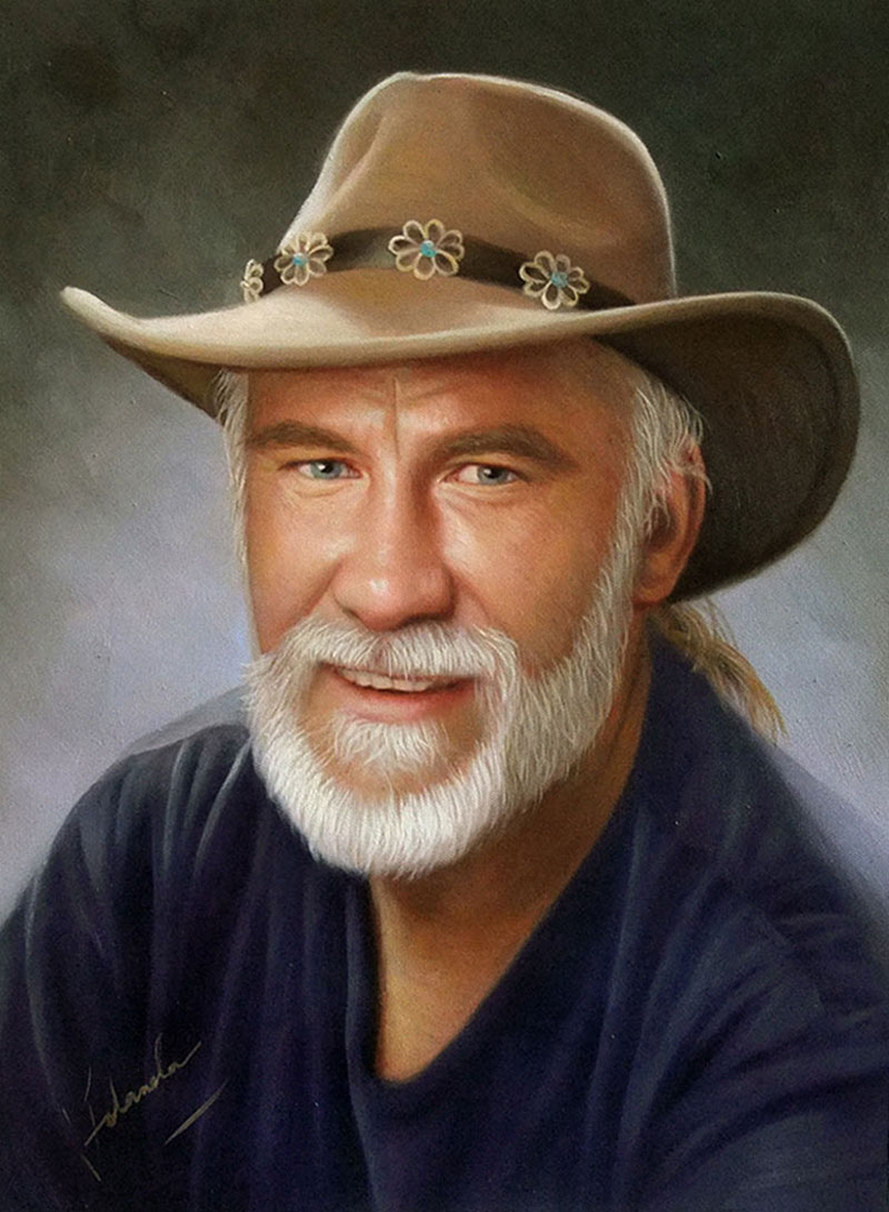 an oil painting of a man wearing cowboy hat