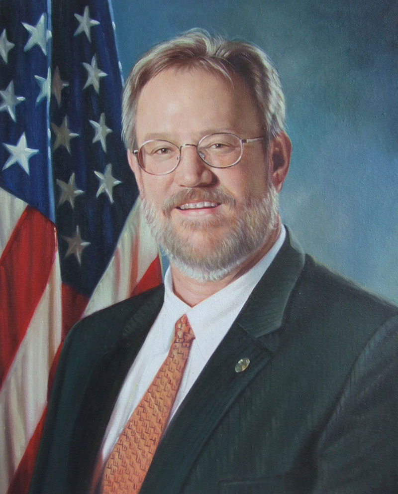 an oil painting of a bearded man with usa flag