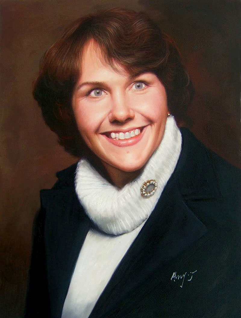 a custom oil portrait of a woman with short hair smiling