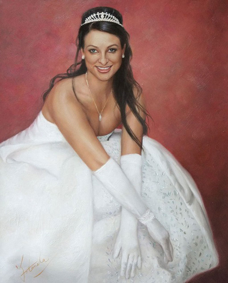 an oil painting of a bride with red backdrop