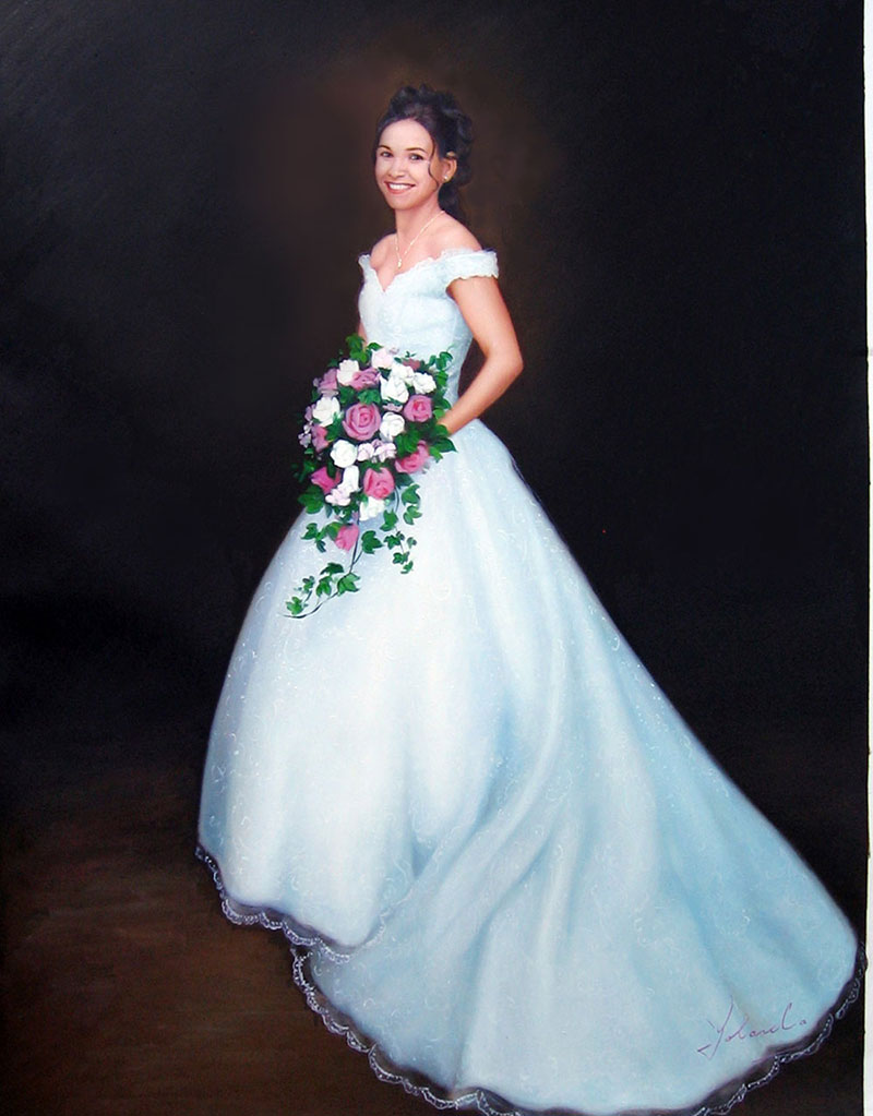 a custom oil paintingof a bride with beautiful white pink