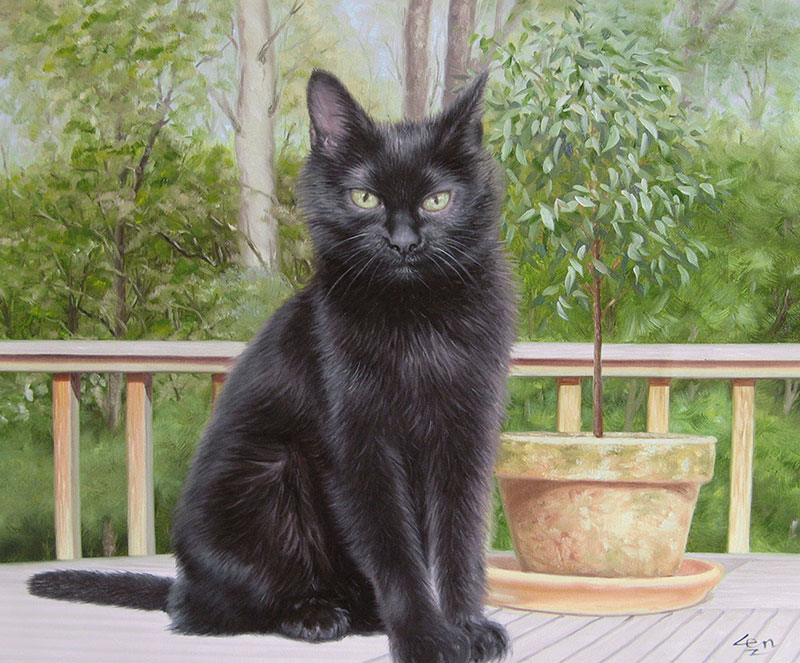 black cat outdoors oil painting 
