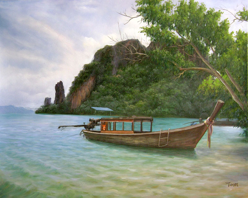 Custom oil painting of a wodden boat in tropics