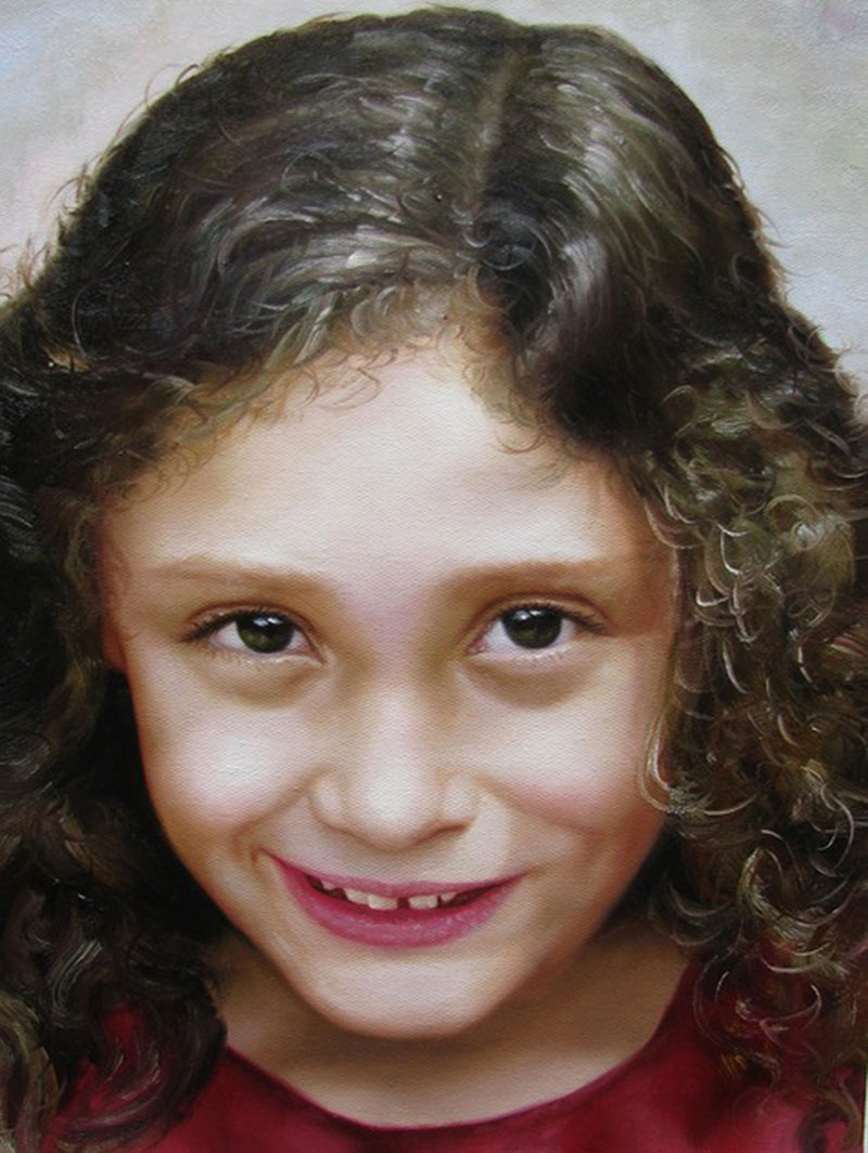 a custom oil painting of a girl with curly hair smiling