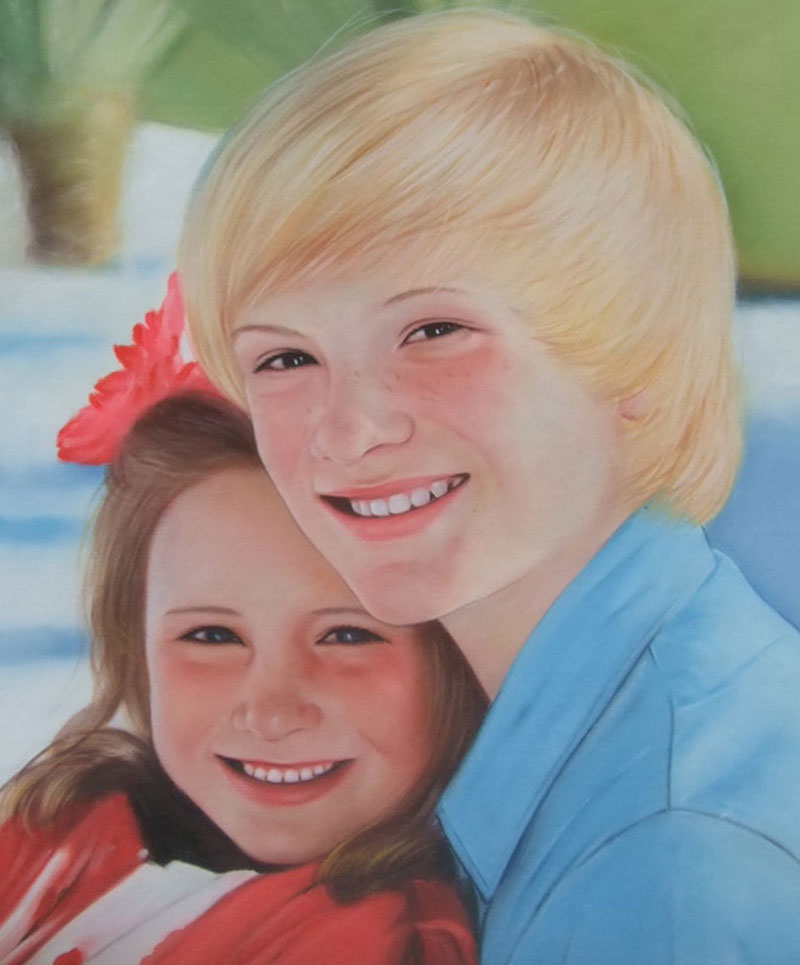 an oil painting of siblings hugging
