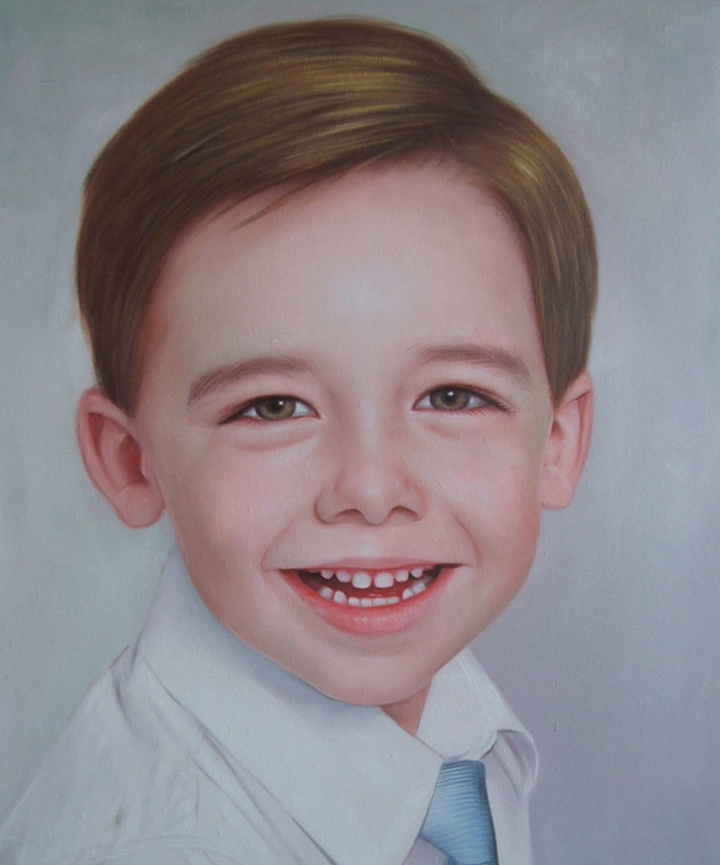 a custom made portrait of an young boy with brown hair eyes