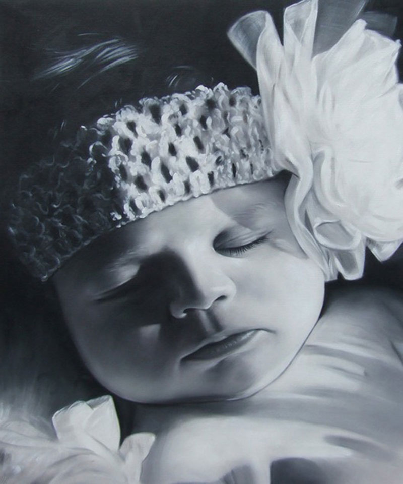 a black and white oil painting of a toddler
