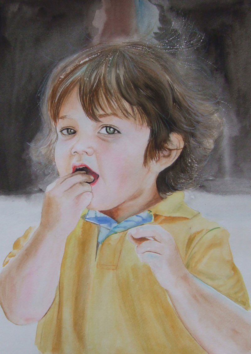 custom watercolor painting of child with green eyes eating