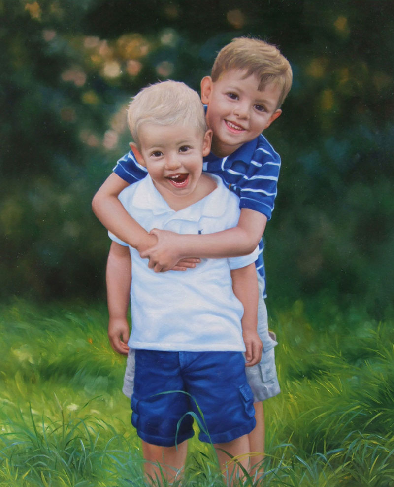 an oil painting of brothers hugging