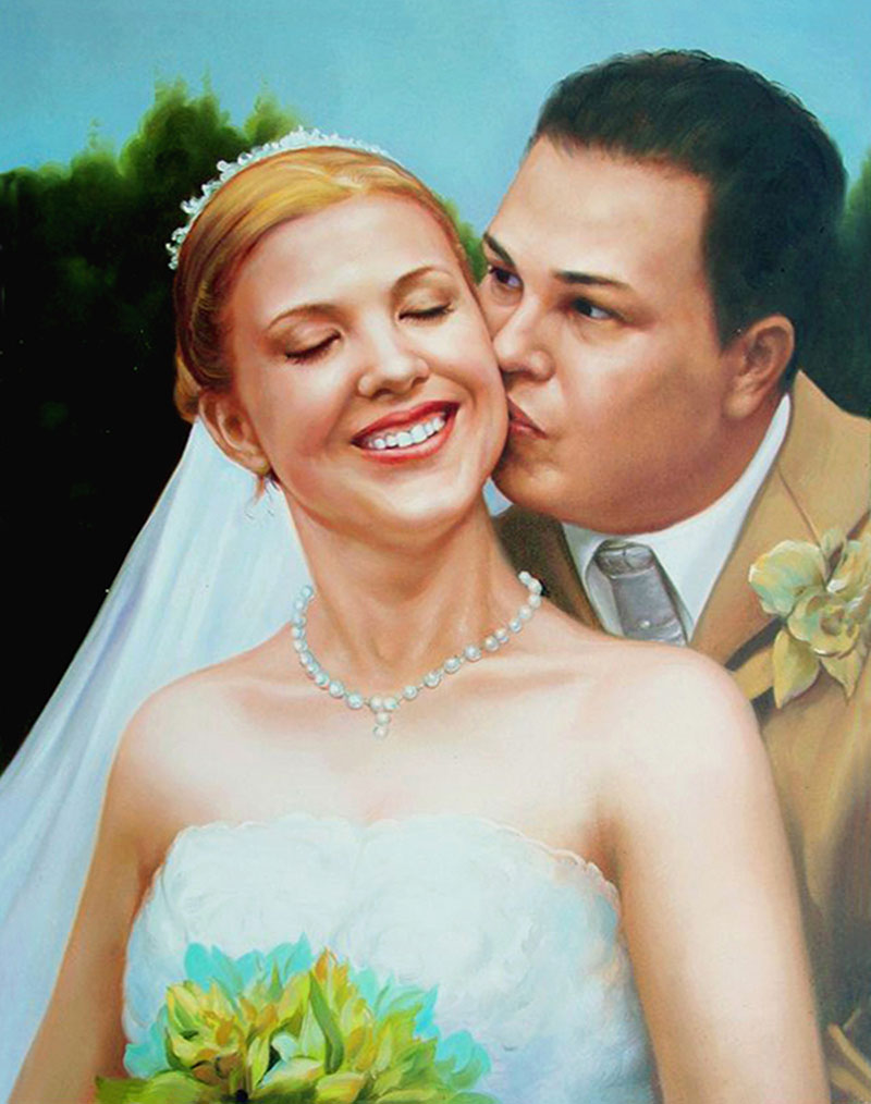 a custom oil painting of a groom kissing a bride on a cheek