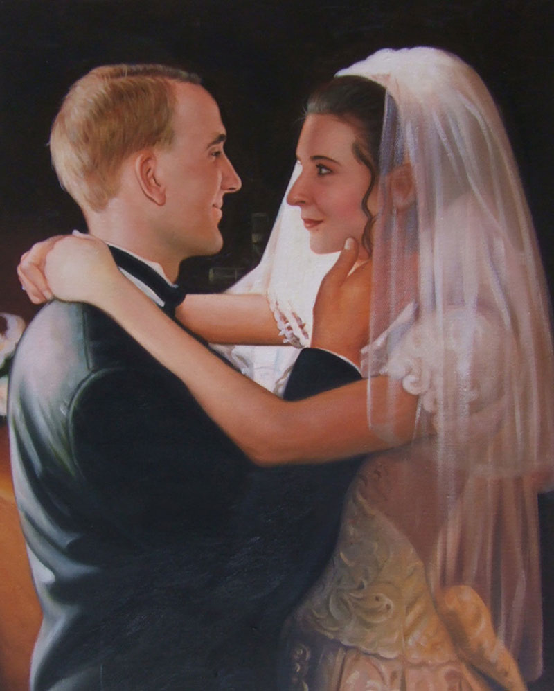 an oil painting of a wedding couple hugging