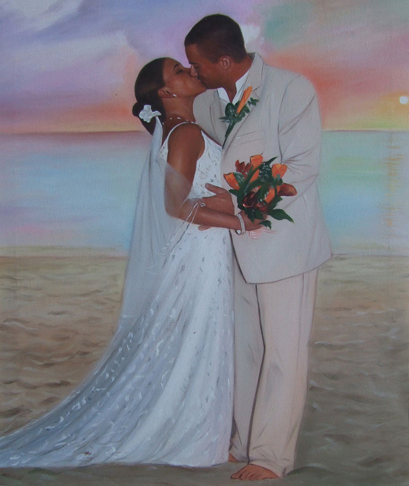 an oil painting of a black wedding couple hugging