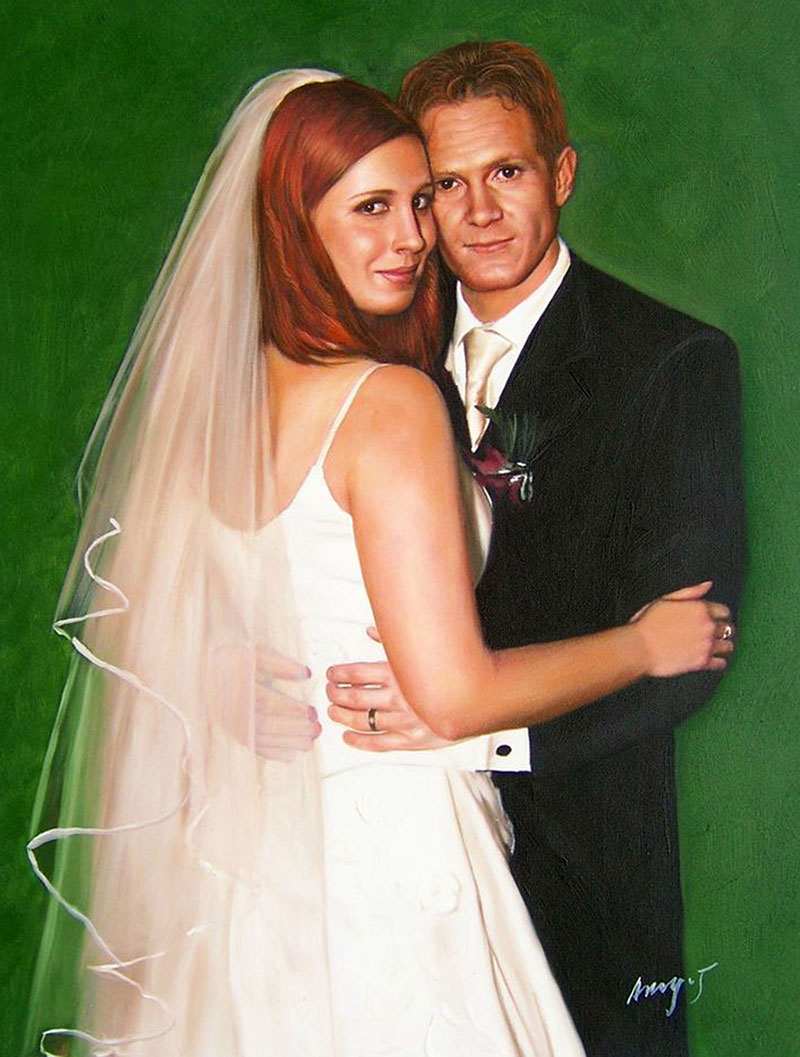 a custom wedding painting of a couple hugging