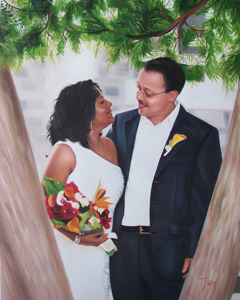 an oil painting of a wedding couple looking at each other