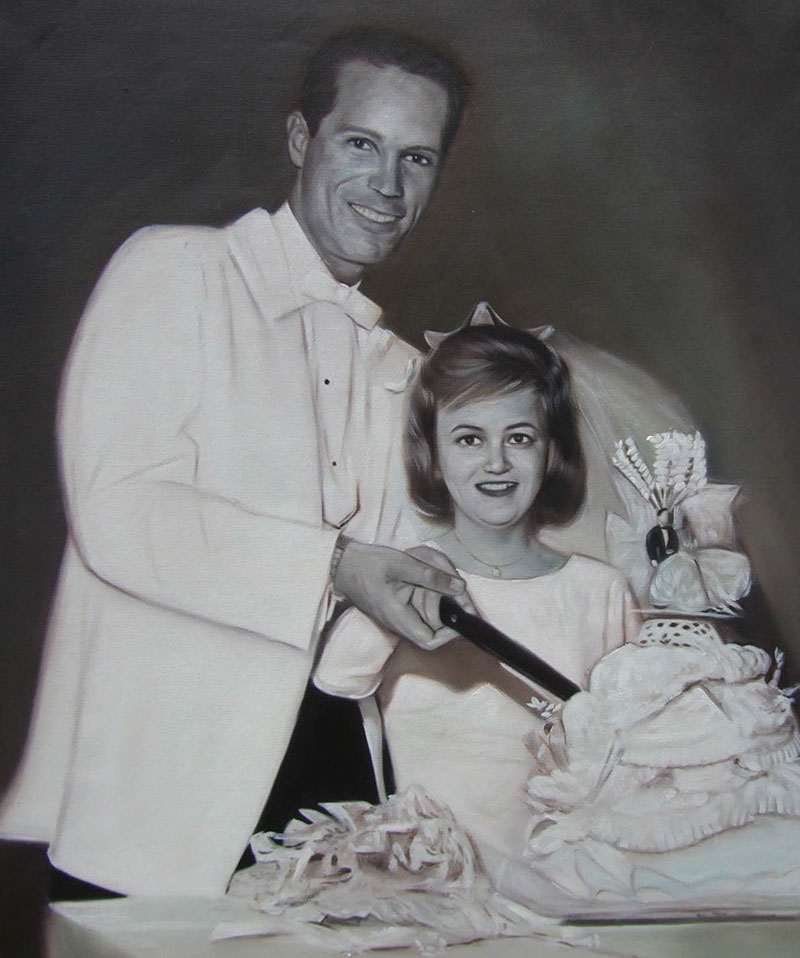 black and white oil painting of a wedding couple cake