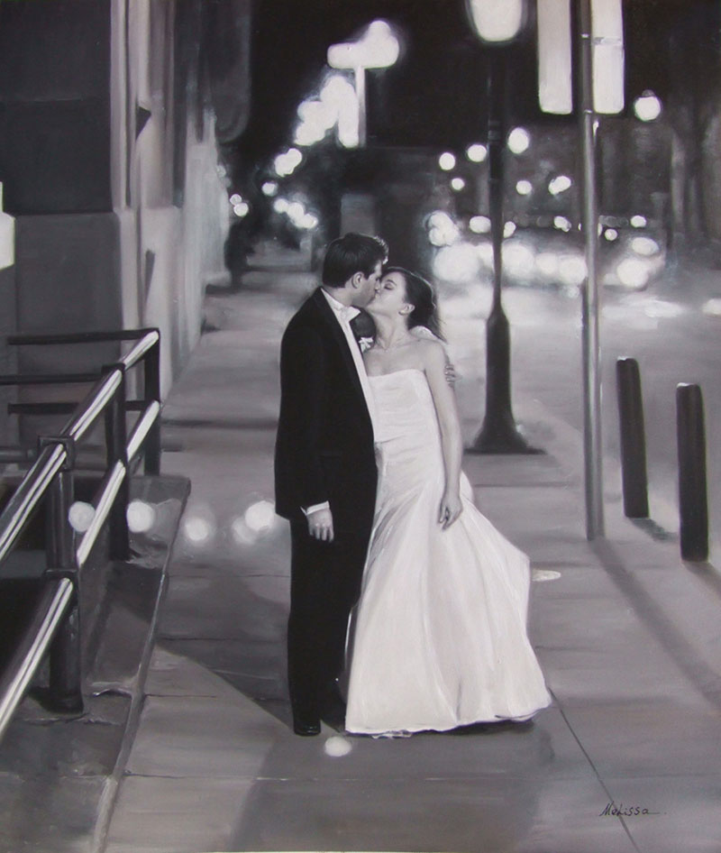 a black and white oil painting of a wedding couple kissing