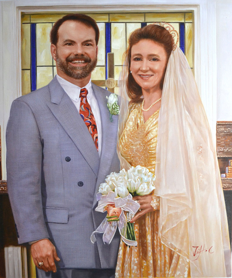 a custom oil paitning of a wedding couple in the church