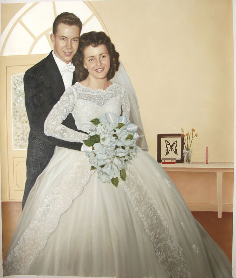 vintage custom oil painting of wedding couple hugging