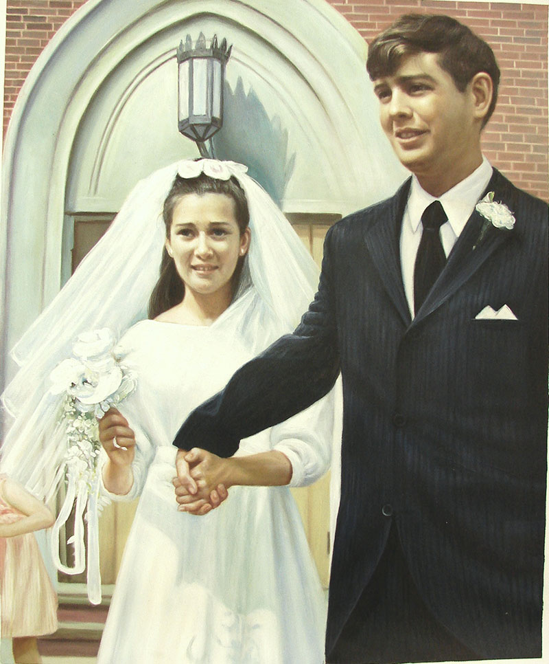 vintage wedding painting of couple holding hands