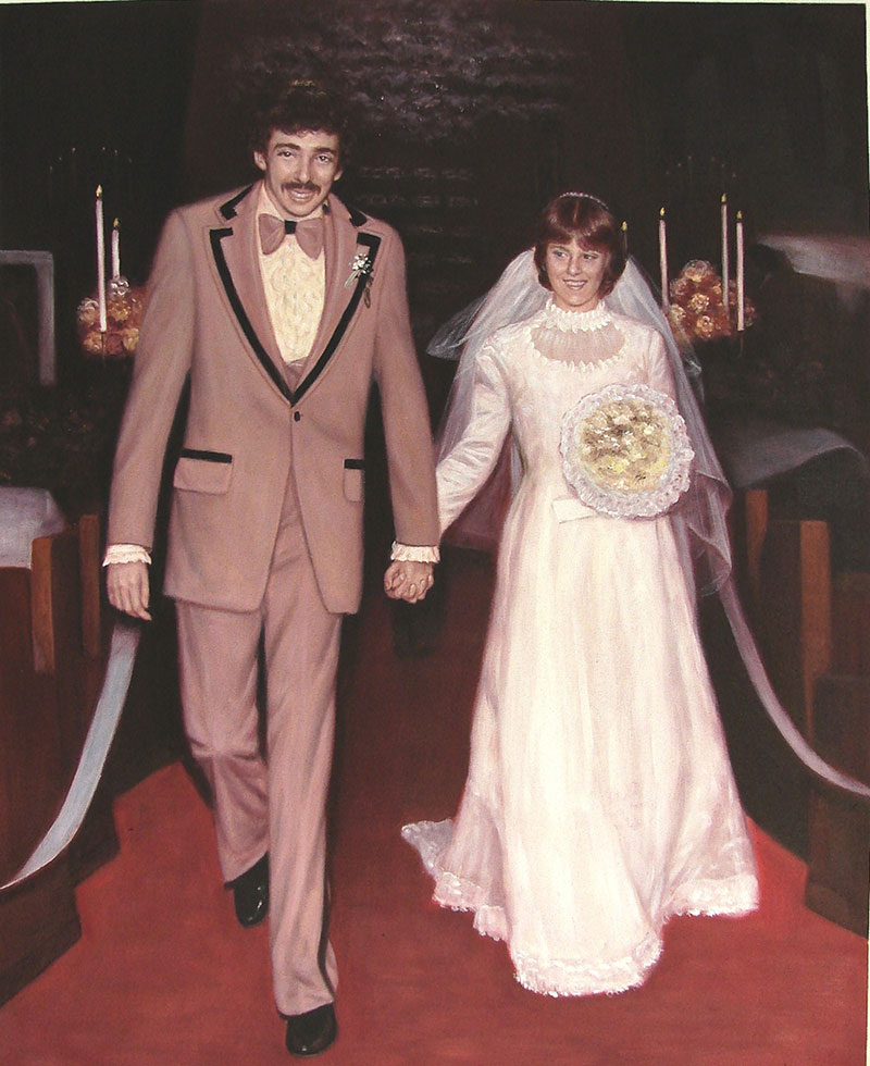 vintage oil painting of wedding couple holding hands