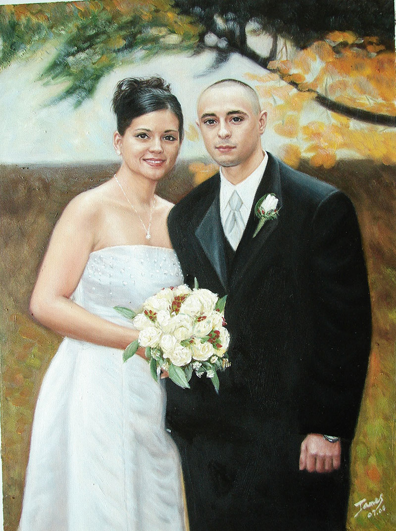 a custom oil painting of wedding couple outdoors