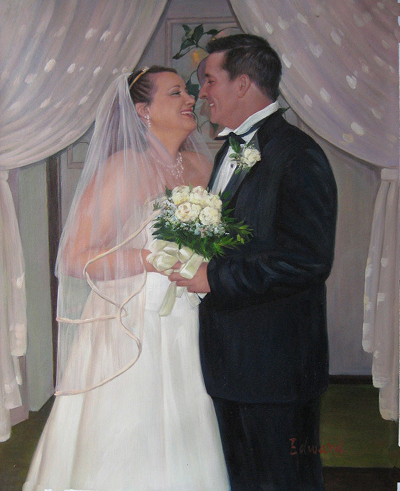 a custom oil painting of wedding couple hugging