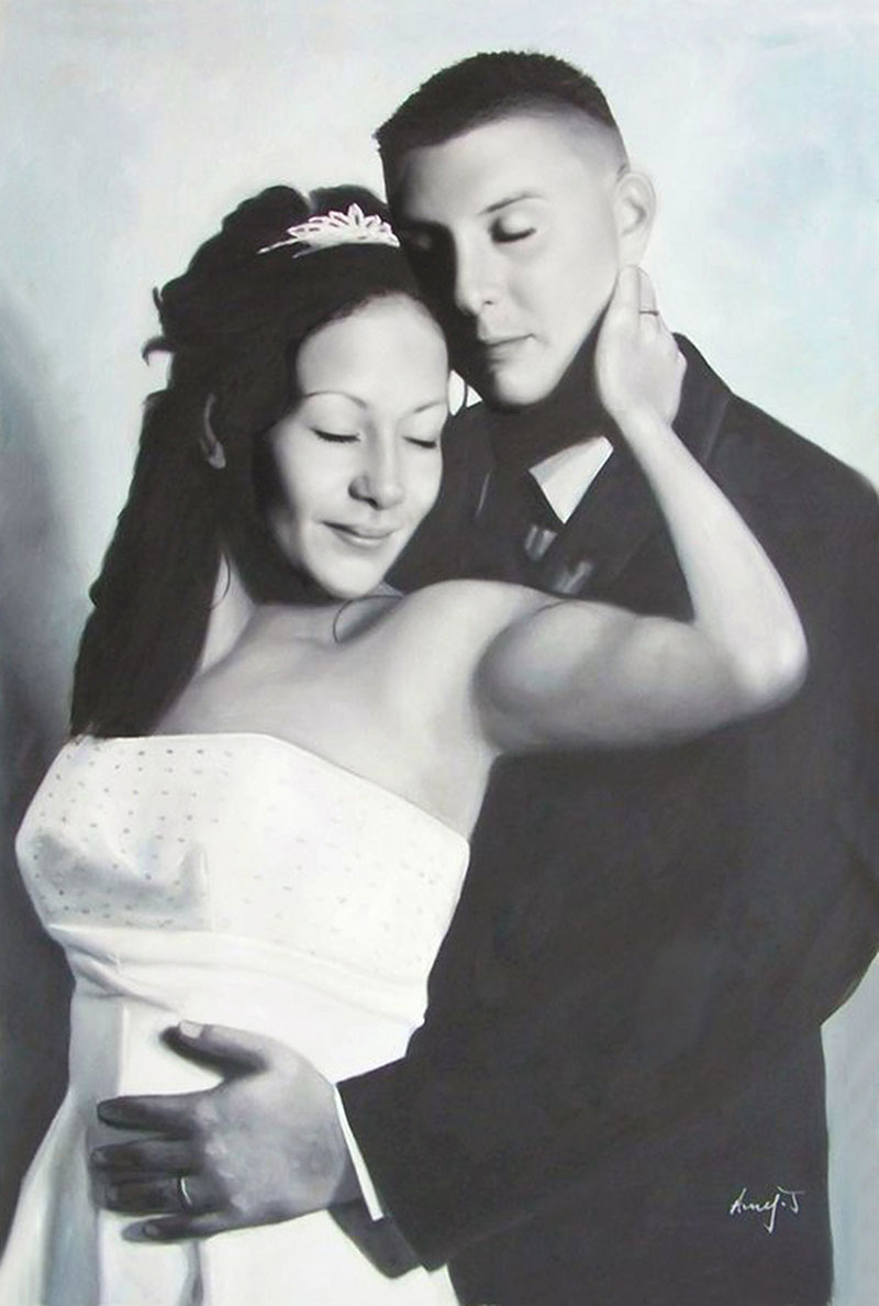 a black and white oil painting of a wedding couple hugging