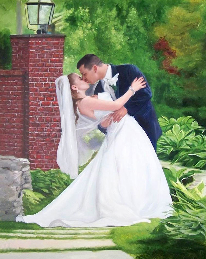 an oil painting of groom kissing the bride outdoors