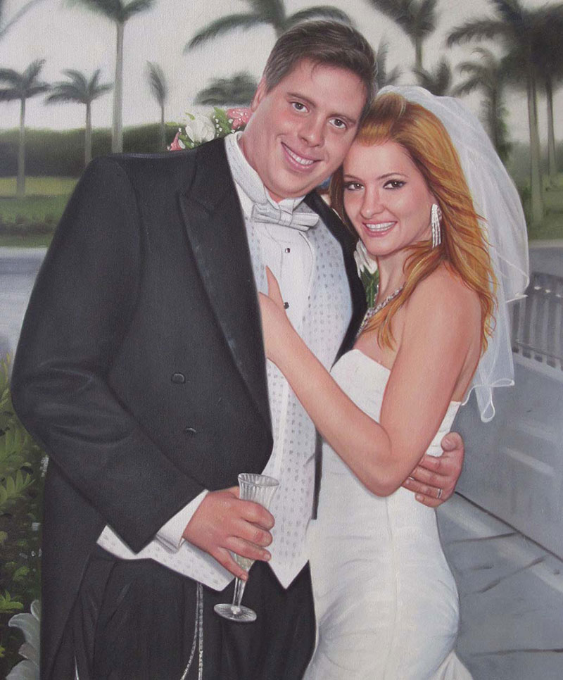 an oil painting of a wedding couple hugging outdoors