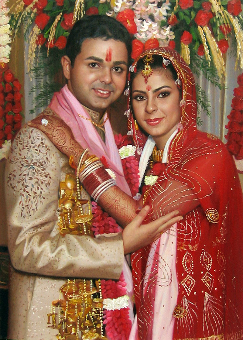 an indian wedding couple oil painting