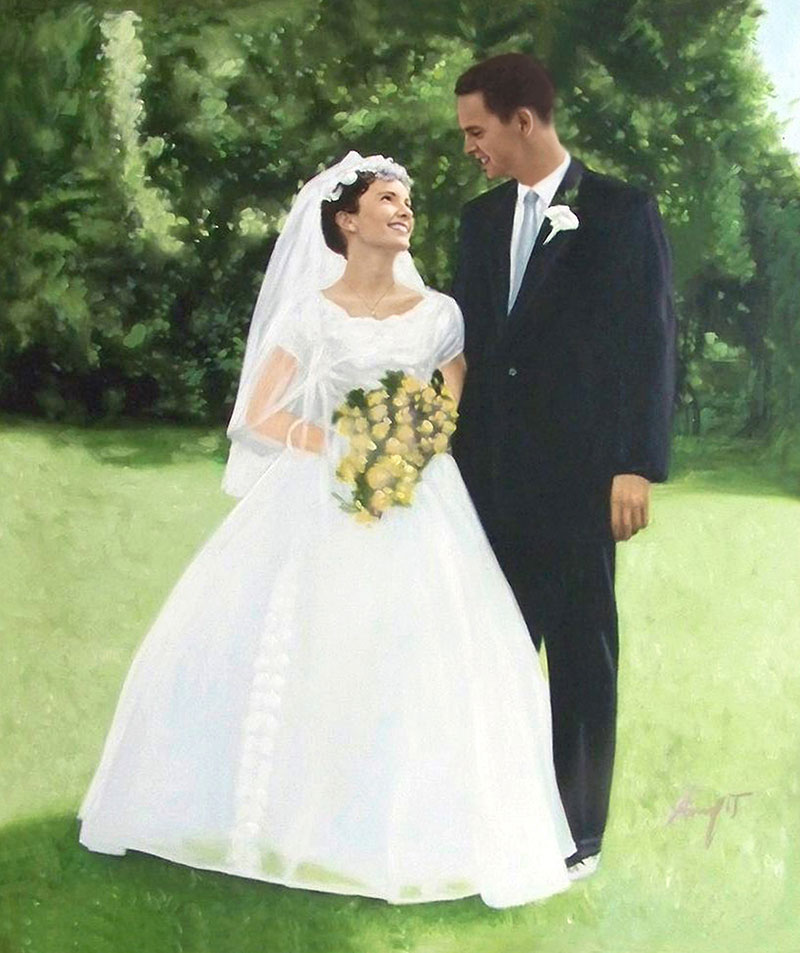 an oil painting of couple outdoors
