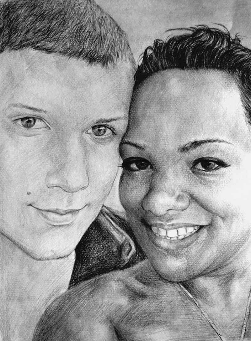 black pencil sketch of a couple