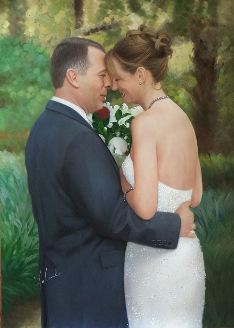an oil painting of wedding couple hugging outdoors