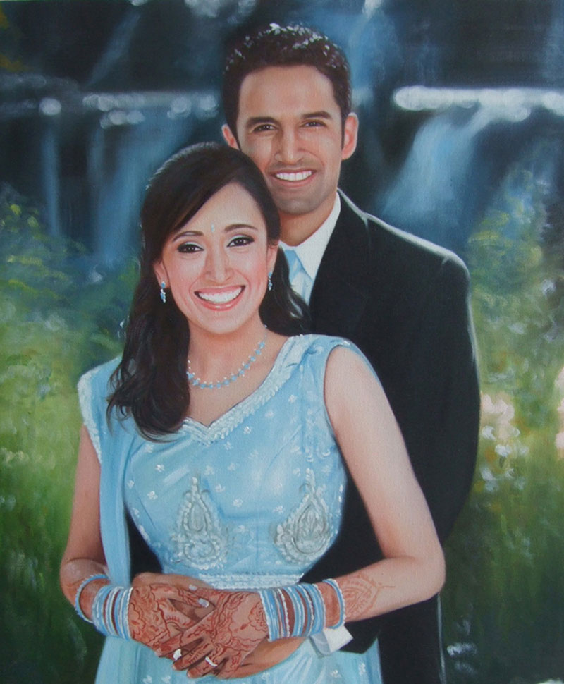photo to oil painting of happy couple by waterfall