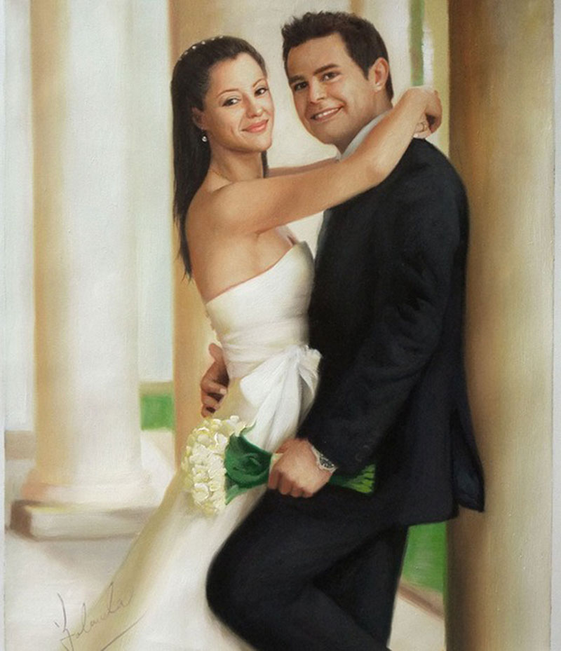 a custom oil painting of wedding couple hugging