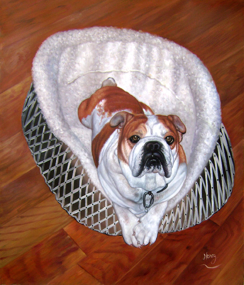 Painting of a bulldog lying in a dog bed on a hardwood floor.